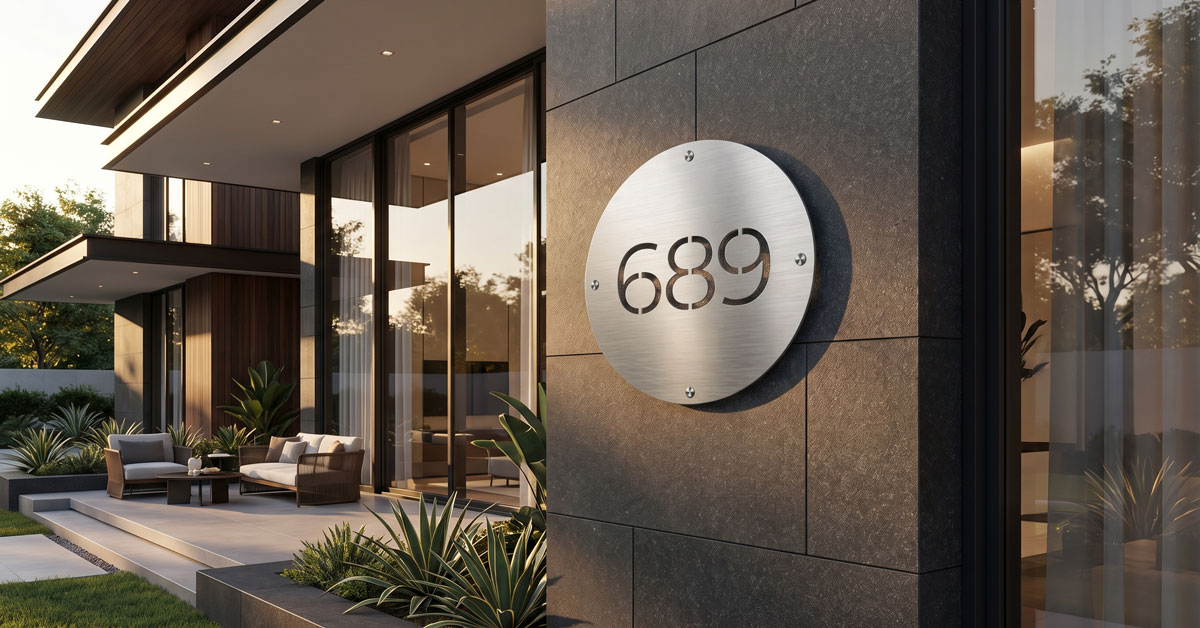 Premium engineered composite house number signs showing custom laser cut typography with a brushed aluminium finish