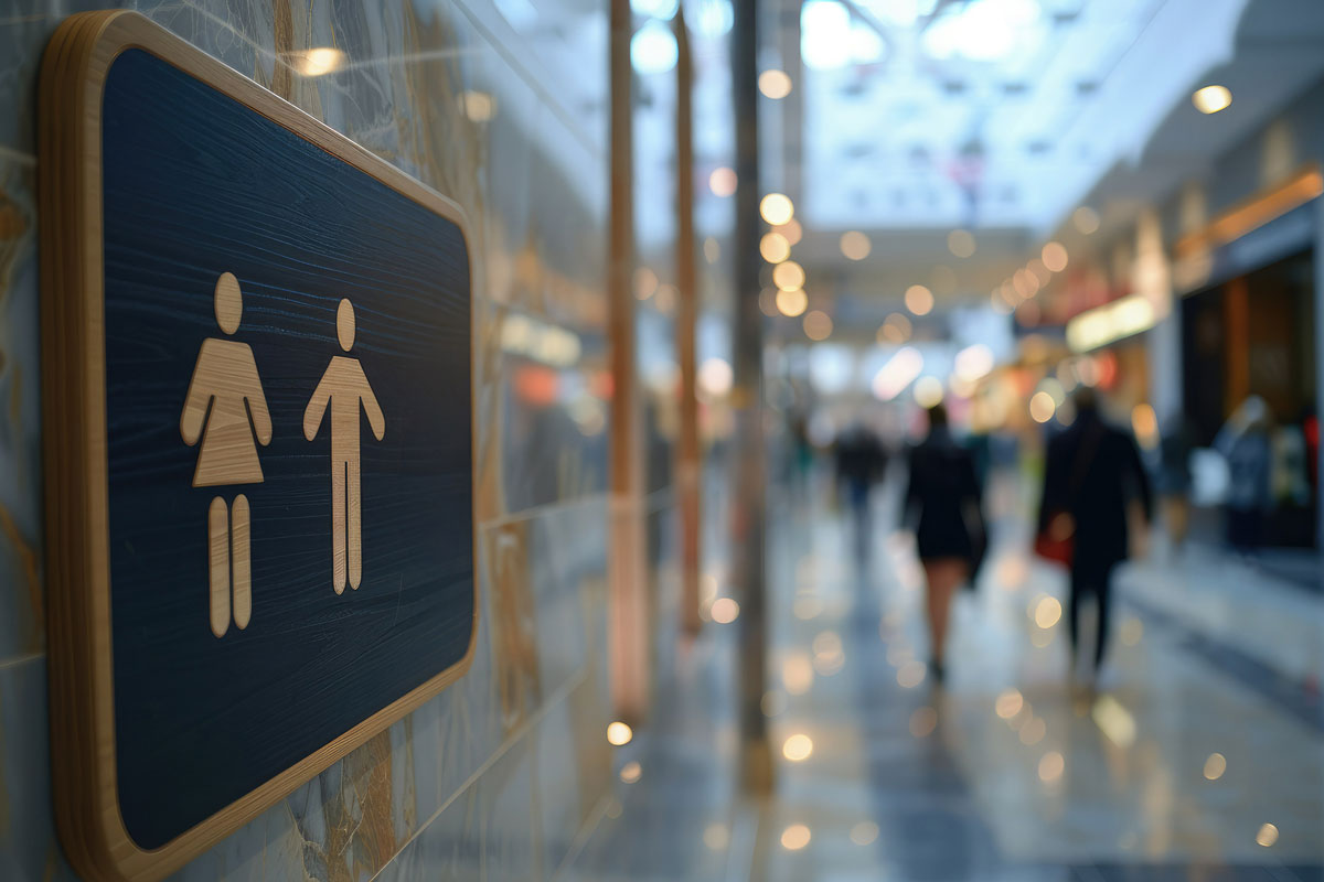 Premium matte black ACM toilet sign on corporate office door with clean architectural detailing