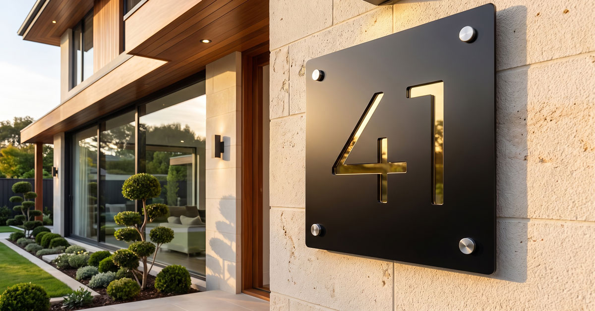 Bespoke personalized house numbers layout featuring custom street name text and matte black numbers