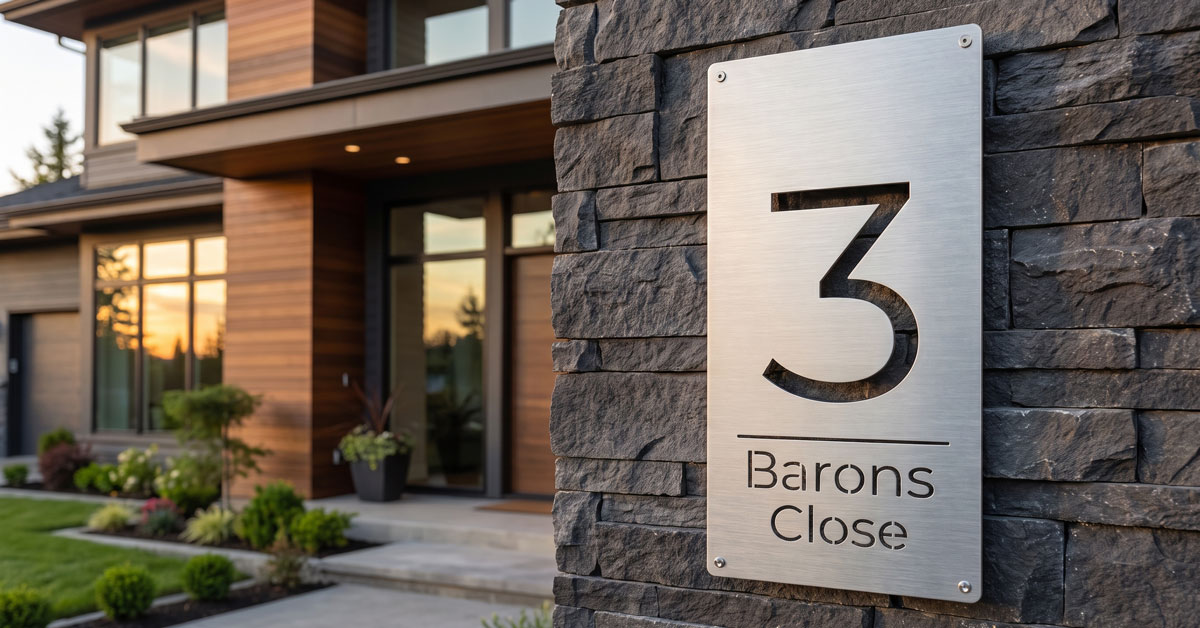 Bespoke personalized house numbers layout featuring custom street name text and matte black numbers