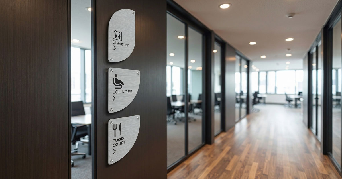 Premium brushed aluminium directional signs with arrows in a corporate lobby