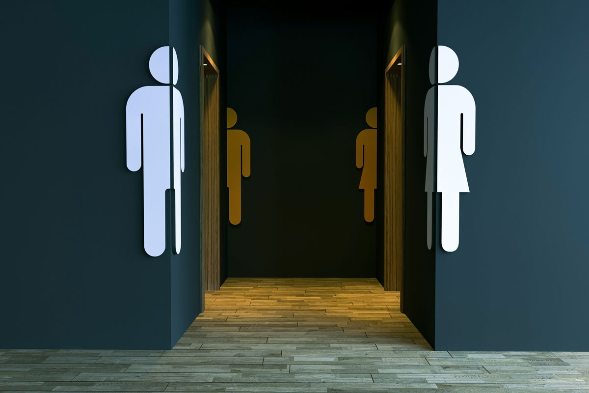 high contrast male female toilet sign on dark blue walls